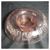 Pink etched depression glass bowl