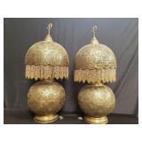 Pair of pierced brass Syrian table lamps