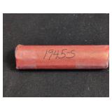 Roll of 1945-S Lincoln Wheat Cent coins. In case