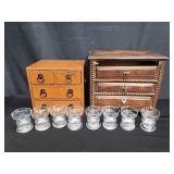 Box of wood jewelry boxes and glass candle holders