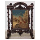 Antique carved wood fire screen w/tapestry
