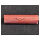 Roll of 1946-S Lincoln Wheat Cent coins. In case