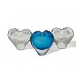 3 Art glass heart bud vases, 3 3/4" h.