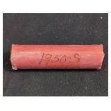 Roll of 1950-S Lincoln Wheat Cent coins. In case