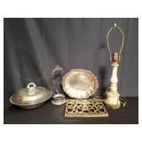 Box of silver plated and brass items, and lamp