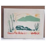 Linocut  covered book "Enigmas" by  Glenna Luschei