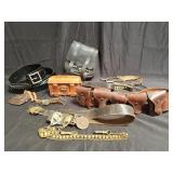 Group of miscellaneous leather backpack, belts,