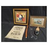 Box of needle point art, sekonic light meter,