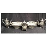 Box of silver plate pitcher, coffee pots, fruit