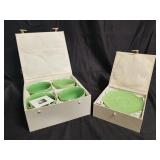 Box of Asian ceramic saucers and tea cups