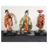 3 Vintage Japanese geisha figures, 2 music boxes