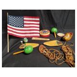 Box of miscellaneous, maracas, hand fan, sandals