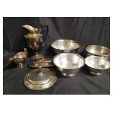 Group of silver plated items, bowls, butter d