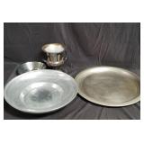Group of silver-plated items and pewter dish, box