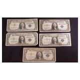 Group of 5 silver certificate one dollar bills