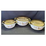 3 Vintage Pyrex ceramic casserole dishes