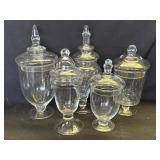 5 Vintage apothecary glass jars with lids