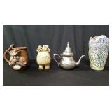 Group of pottery mugs, vase, and silver plated