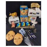 Vintage misc items, ceramic decor, long lighter,