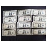 Group of 12 silver certificate one dollar bills