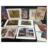 Group of art in bundle, foil prints, pastel on