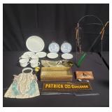 Group of miscellaneous tea cups, tray, table