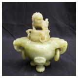 Asian carved jadeite foo dog incense burner