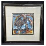 Signed, framed gouache on rag clothe