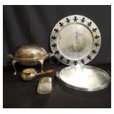Group of silver plated tray, tureen, flask, etc.