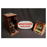 Box of miscellaneous, Western airlines sign,