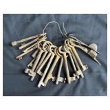 Group of antique keys and candle snuffs in pb