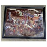Vintage framed carved wood Asian wall art