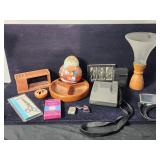 Misc vintage items, teak wood, Polaroid, Tarot, a