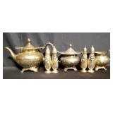 Box of silver plated tea services, salt & p
