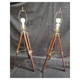 Pair of vintage wood & brass tripod lamps