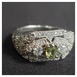 Sterling silver (925) ring w green clear stones