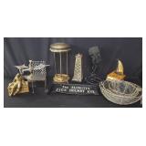 Box of miscellaneous; brass table lamp, hanging