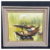 Signed oil on canvas boat painting
