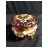 Brass footed pink glass hand painted vanity box