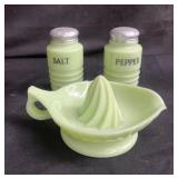 Uranium glass jadeite custard lemon reamer and