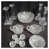 Group of cut glass bowls and candle holders