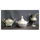 Group of pewter teapot, vase and tureen