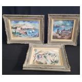 Group of signed framed Gouache on rag clothe