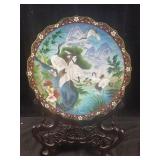 Vintage cloisonne plate on carved stand