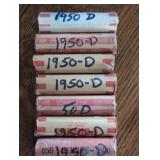 Seven rolls of 1950-D Lincoln Wheat Cent coins