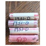 Four rolls of 1951-D Lincoln Wheat Cent coins.