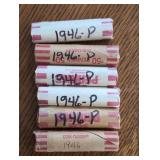 Six rolls of 1946 Lincoln Wheat Cent coins.