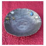 Antique Chinese pewter lotus bowl with stones