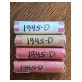 Four rolls of 1945-D Lincoln Wheat Cent coins.