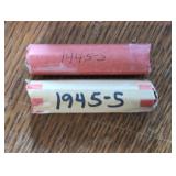 Pair of 1945-S Lincoln Wheat Cent coin rolls.